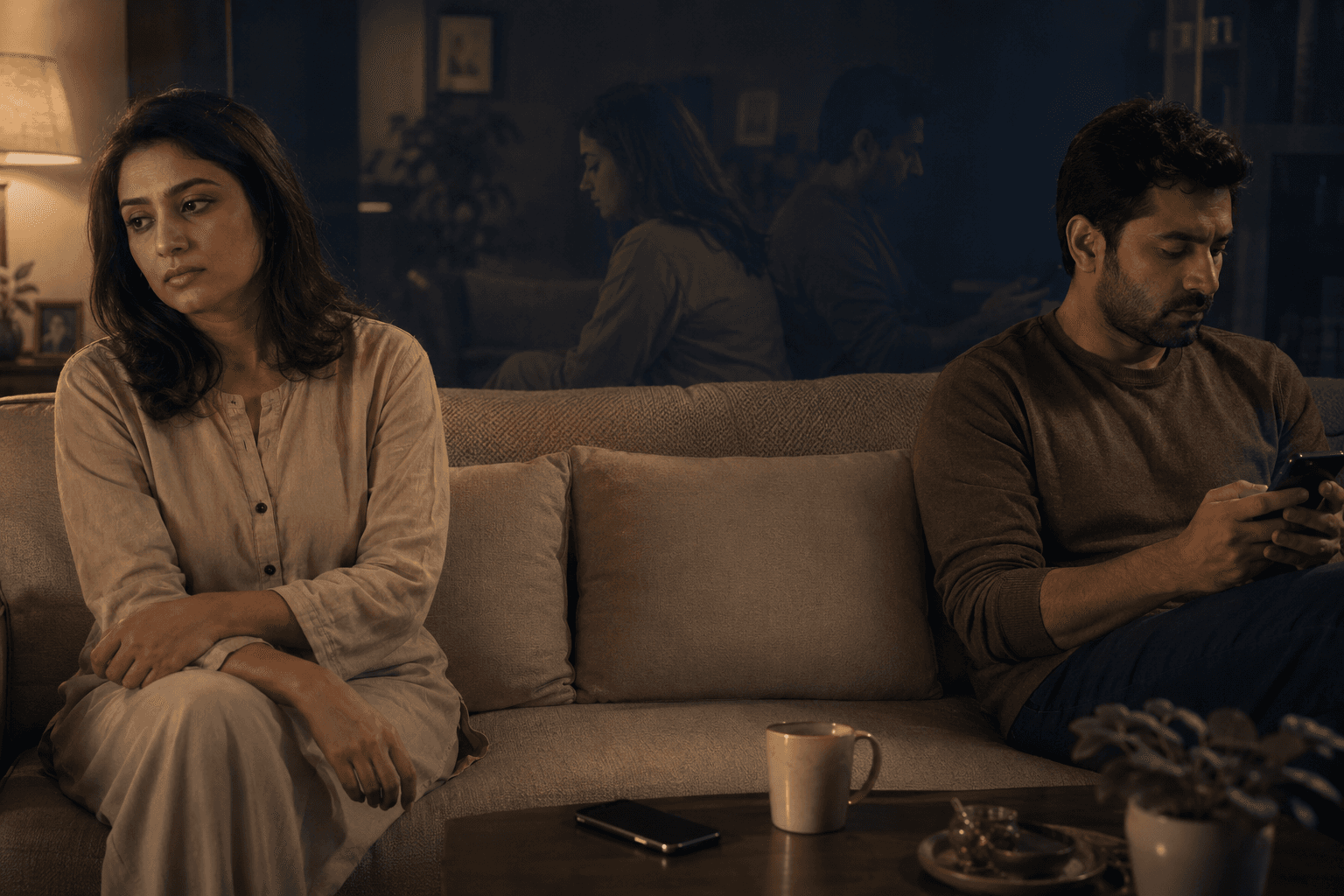 A couple sitting on the same sofa, worlds apart