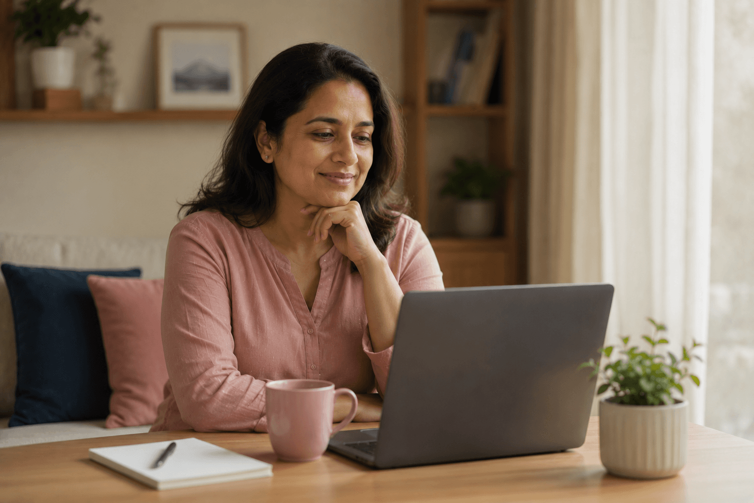 A woman starting the work at her laptop, at ease